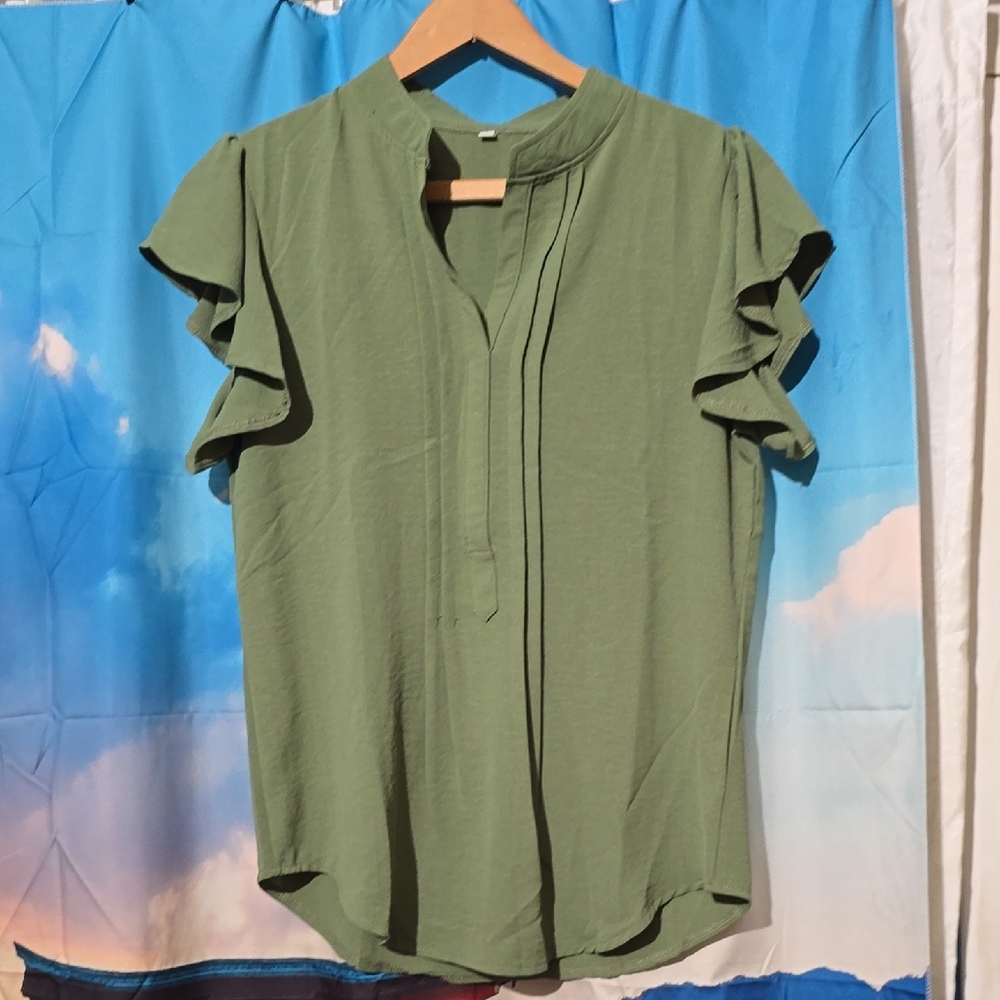 Green Ruffle Sleeve Women's Top